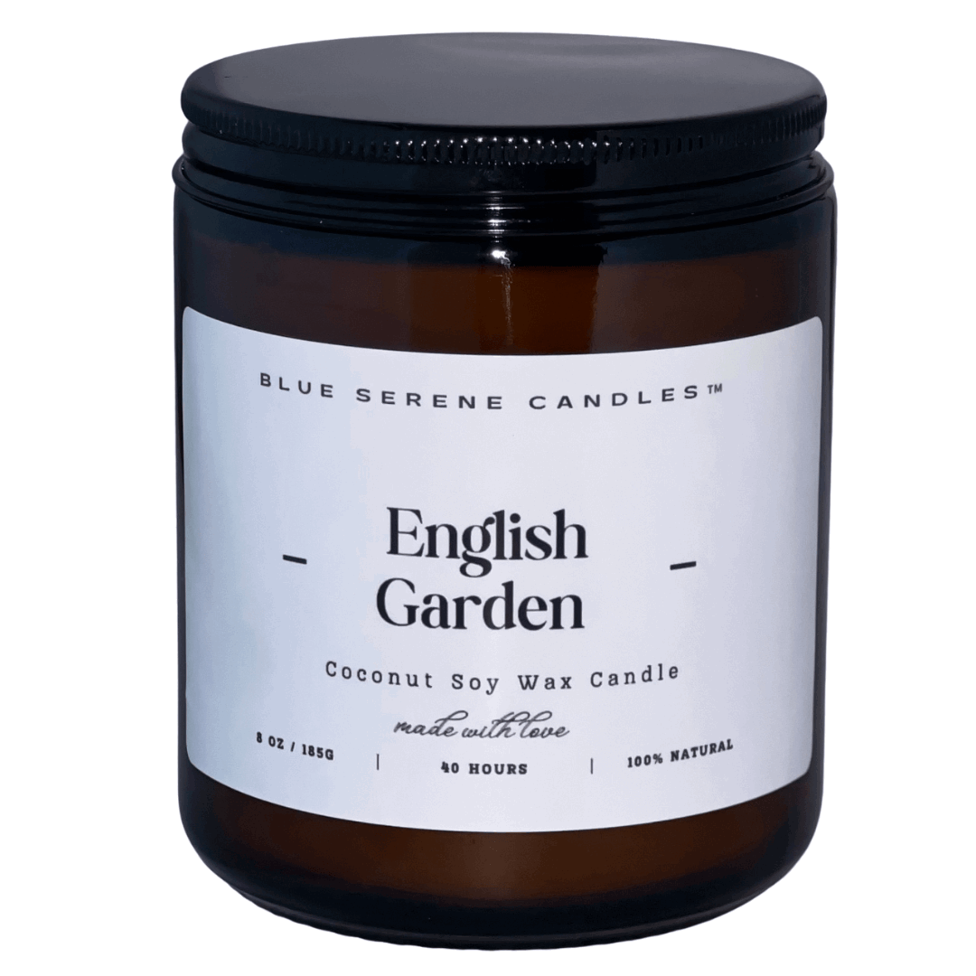 English Garden scented coconut soy candle – floral blend of rose, lavender, and fresh greenery in elegant glass jar