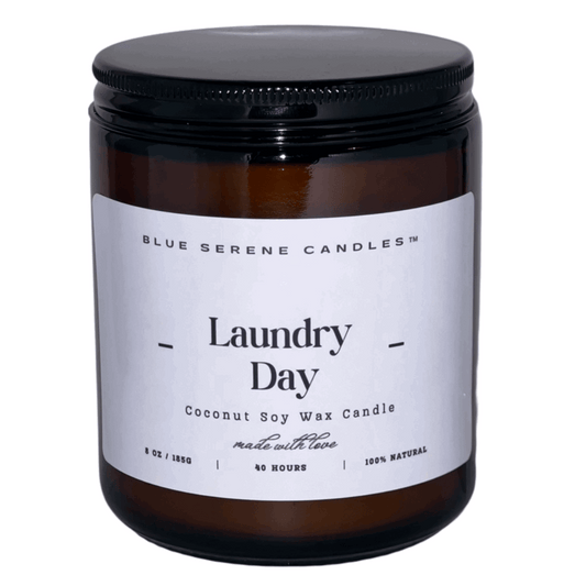 Laundry Day scented coconut soy candle – fresh cotton and clean linen fragrance in minimalist glass jar