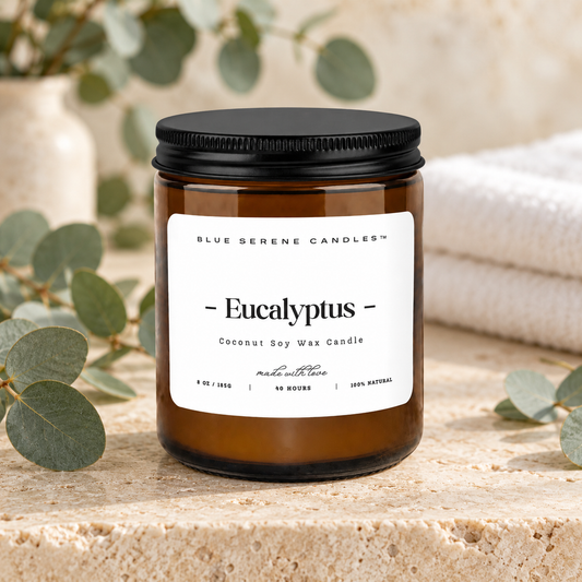 Eucalyptus candle in a calming spa setting by Blue Serene Candles
