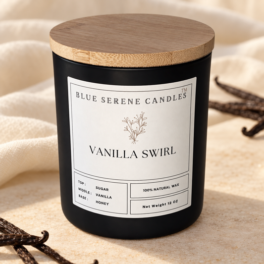 Vanilla Swirl coconut-soy candle by Blue Serene Candles in a warm vanilla-inspired setting
