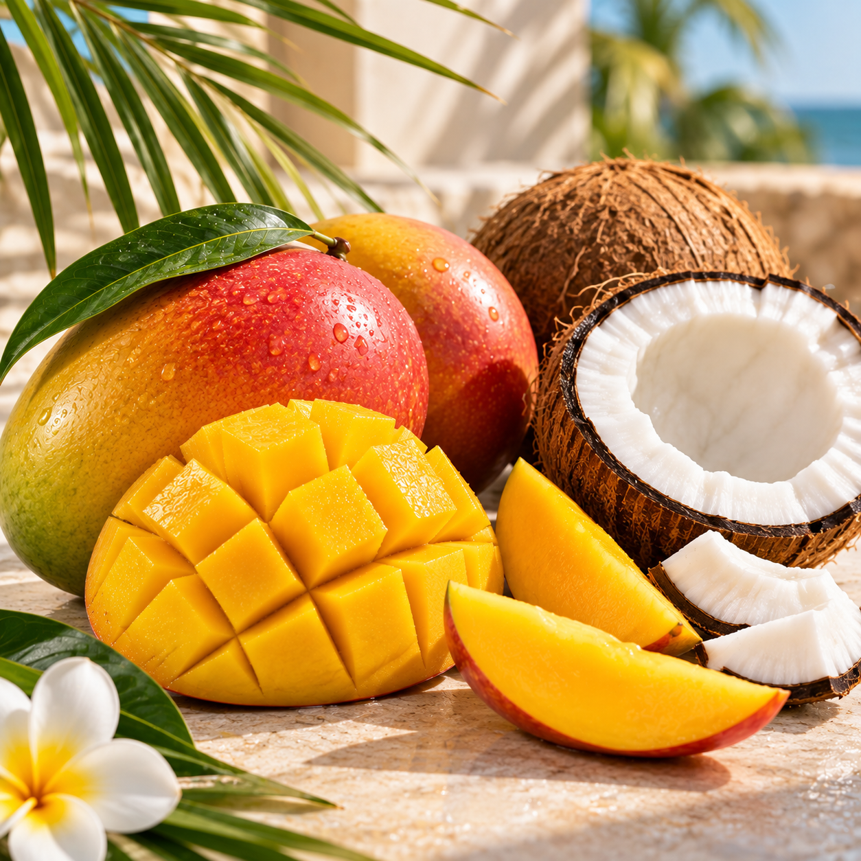 Fresh tropical fruit arrangement featuring whole and sliced mangoes, a halved coconut showing white flesh, and cut mango wedges, styled with green leaves and a white plumeria flower on a stone surface.