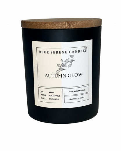 Autumn Glow fall candle with cream-and-white label - Blue Serene Candles