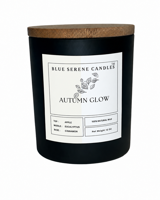 Autumn Glow fall candle with neutral cream-and-white label - Blue Serene Candles