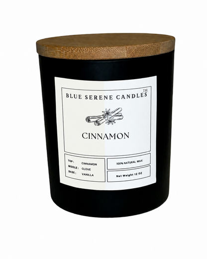Cinnamon candle with neutral cream-and-white label - Blue Serene Candles