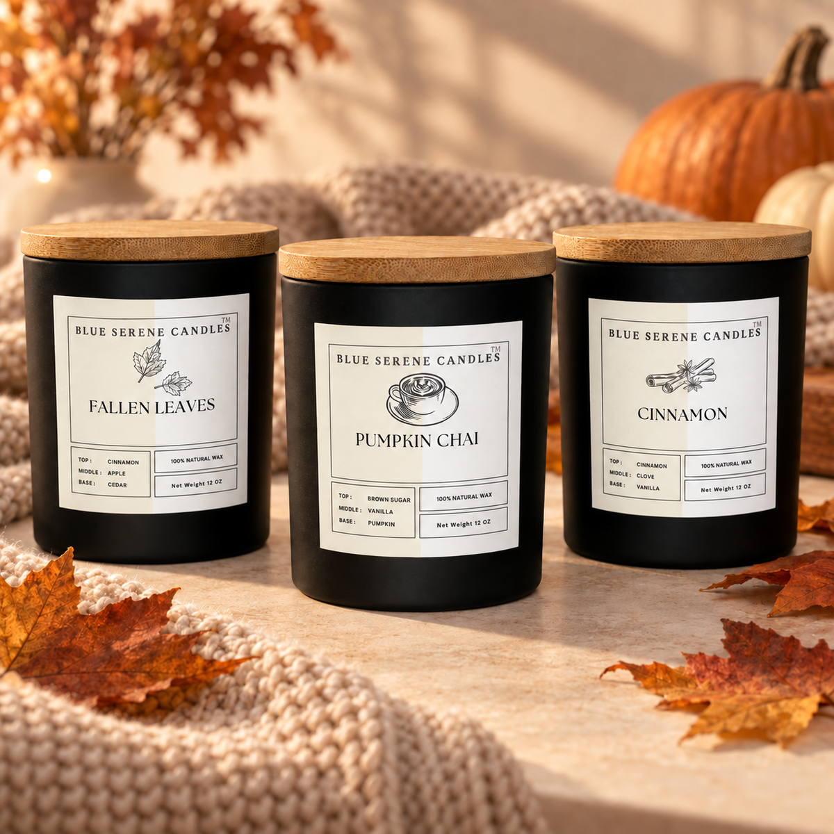 Cozy Fall Trio featuring Fallen Leaves, Pumpkin Chai, and Cinnamon with cream-and-white labels