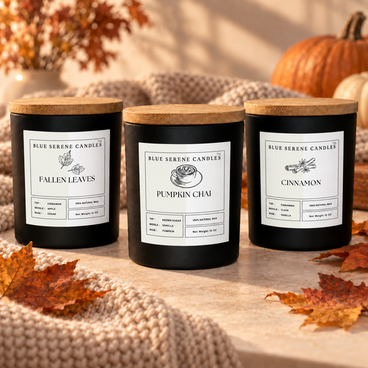Cozy Fall Trio featuring Fallen Leaves, Pumpkin Chai, and Cinnamon with neutral cream-and-white labels