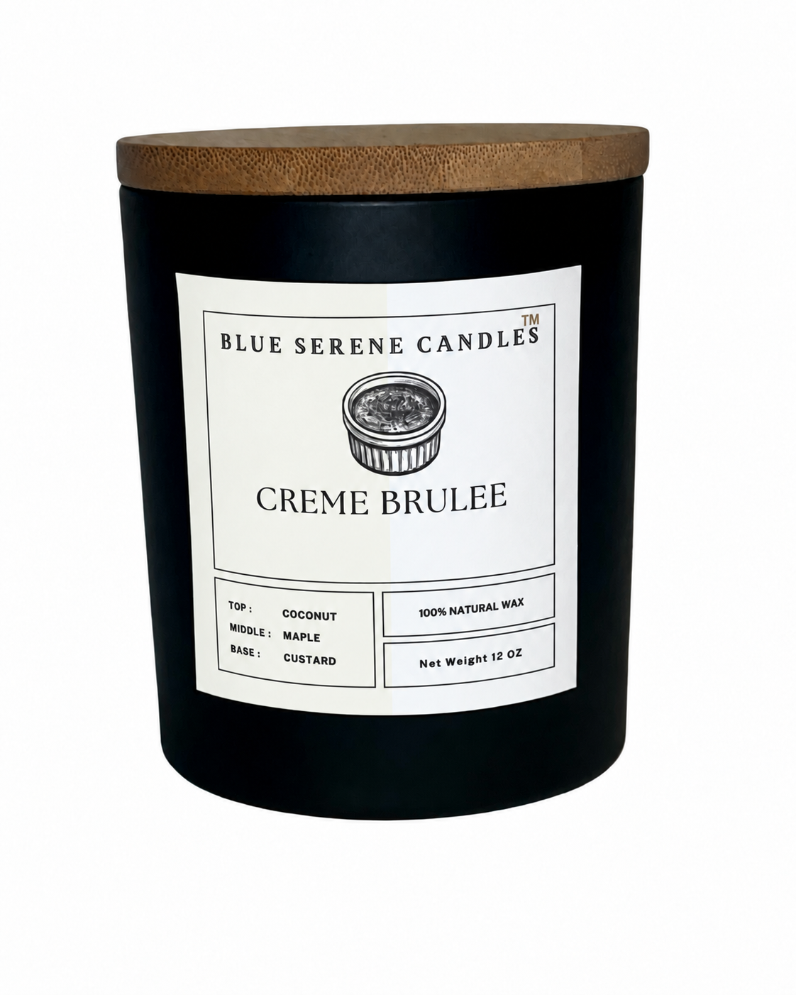 Crème Brûlée candle with neutral cream-and-white label - Blue Serene Candles