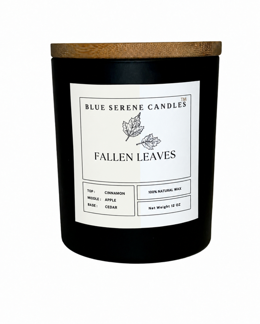 Fallen Leaves fall candle with neutral cream-and-white label - Blue Serene Candles