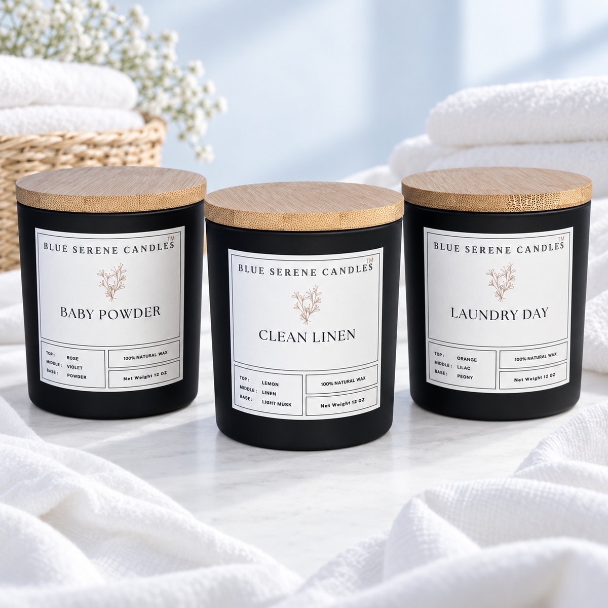 Fresh & Clean Trio featuring Baby Powder, Clean Linen, and Laundry Day 12 oz candles