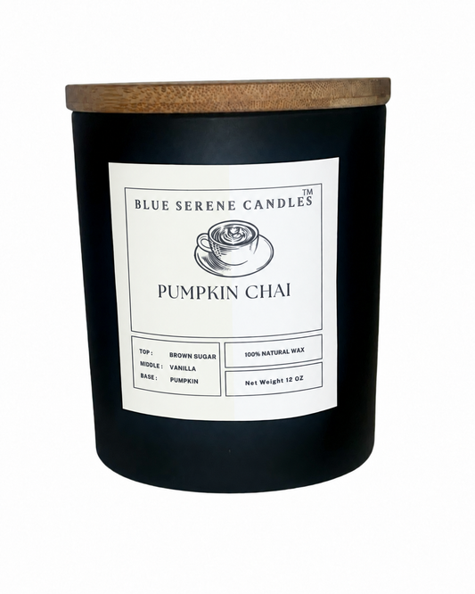 Pumpkin Chai fall candle with neutral cream-and-white label - Blue Serene Candles