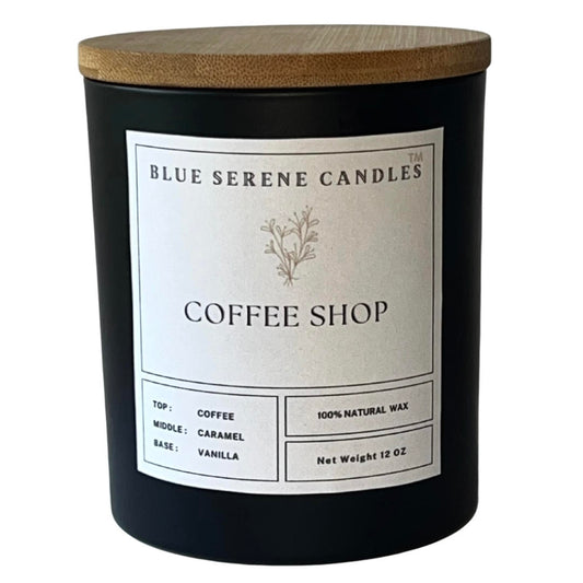 Black candle with a wooden lid labeled 'Blue Serene Candles Coffee Shop' on a white background